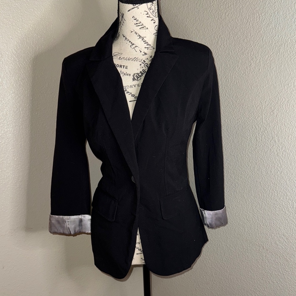 Iz Byer Black Blazer with Striped Cuffs